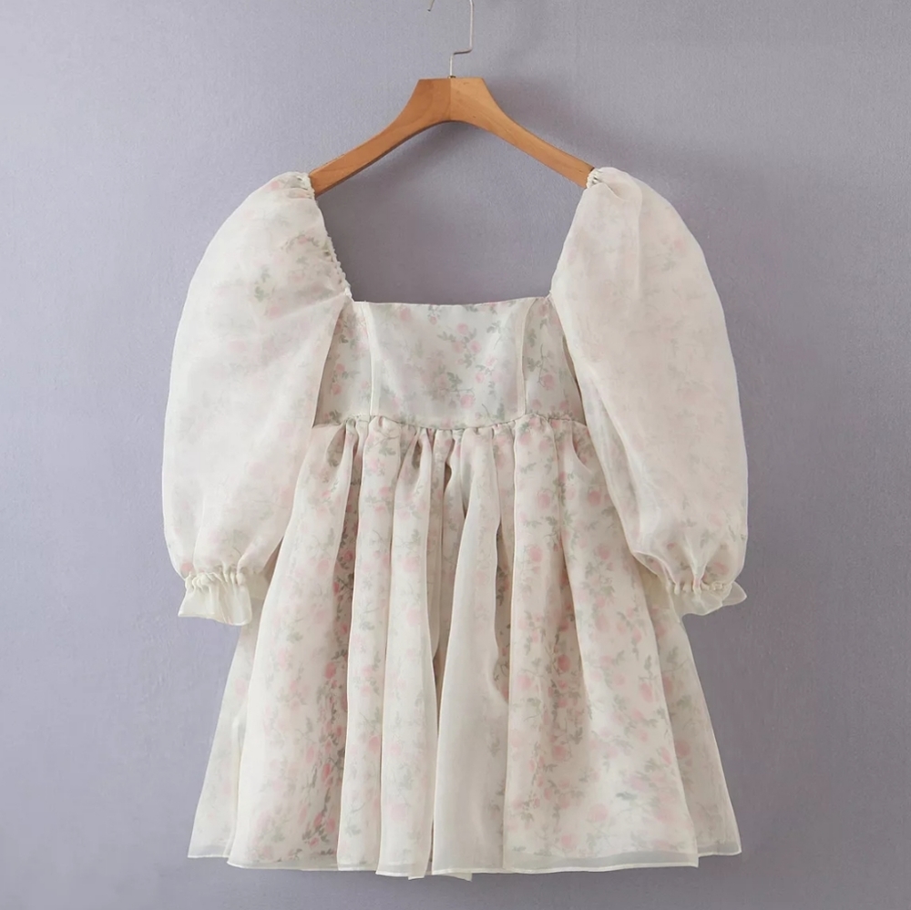 Reversible Floral Organza Babydoll Puff Dress - Picture 6 of 16